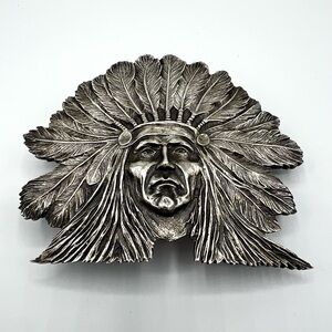 Vintage Hand Crafted Sterling Silver Native American Indian Chief Belt Buckle.
